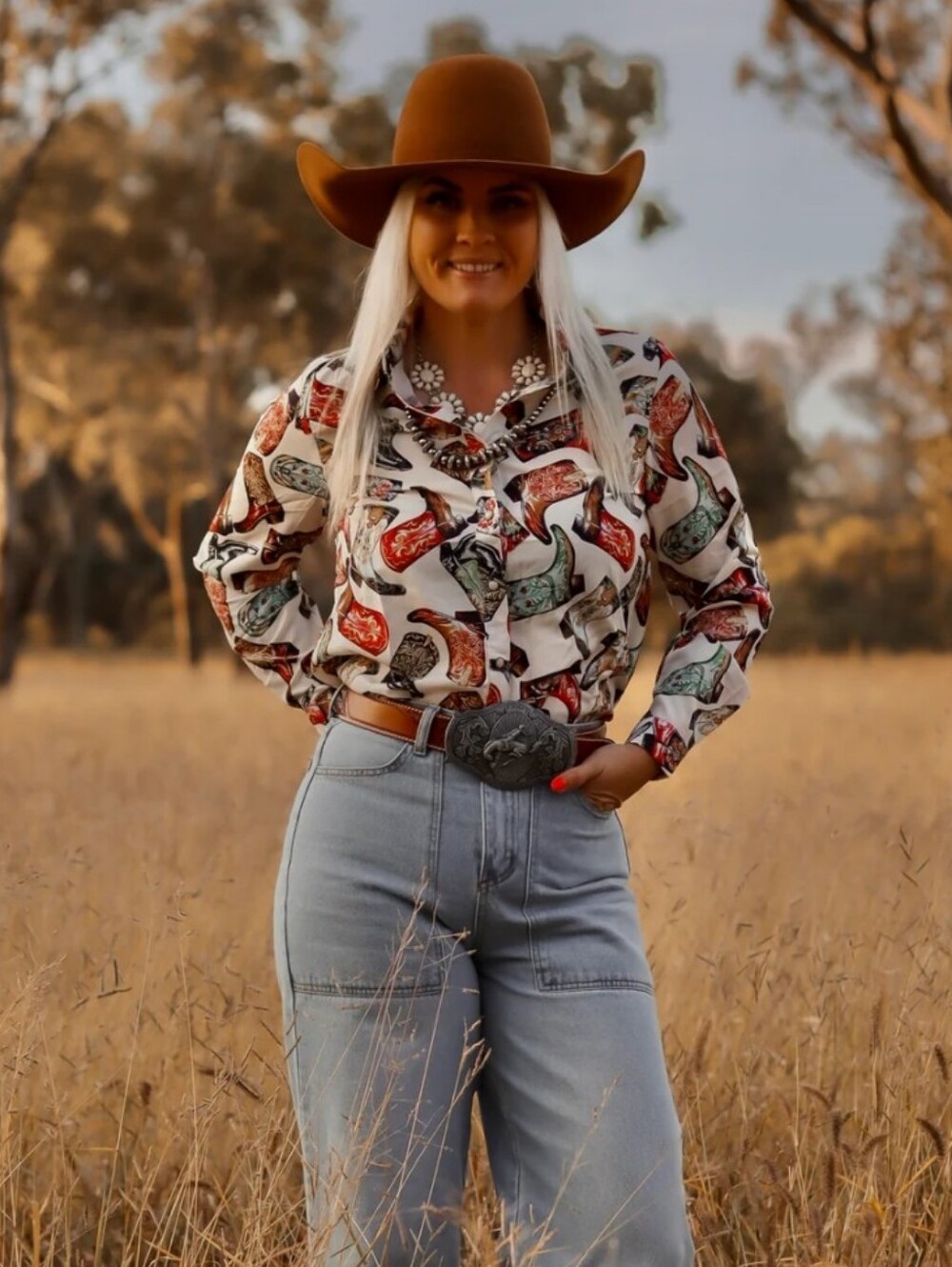 Fashion Express NWT Boot Scootin’ Boujee Blouse Western Cowboy Boot Print Top - Picture 2 of 15
